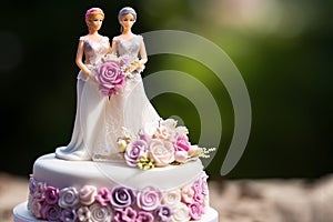 Wedding cake topper with two brides, figurines of a lesbian couple. Gay marriage concept. Lesbian couple wedding day, same-sex gay