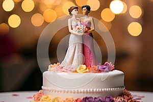 Wedding cake topper with two brides, figurines of a lesbian couple. Gay marriage concept. Lesbian couple wedding day, same-sex gay