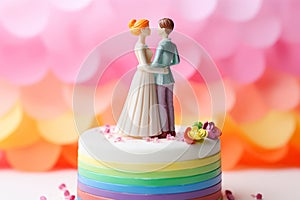 Wedding cake topper with two brides, figurines of a lesbian couple. Gay marriage concept. Lesbian couple wedding day, same-sex gay