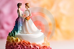 Wedding cake topper with two brides, figurines of a lesbian couple. Gay marriage concept. Lesbian couple wedding day, same-sex gay