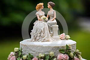 Wedding cake topper with two brides, figurines of a lesbian couple. Gay marriage concept. Lesbian couple wedding day, same-sex gay