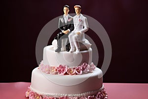 Wedding cake topper with two grooms, figurines of a gay couple. Gay marriage concept. Same-sex gay marriage, wedding sweets and