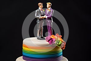 Wedding cake topper with two grooms, figurines of a gay couple. Gay marriage concept. Same-sex gay marriage, wedding sweets and