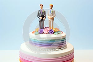 Wedding cake topper with two grooms, figurines of a gay couple. Gay marriage concept. Same-sex gay marriage, wedding sweets and