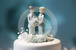 Wedding cake topper with two grooms in tuxedos. Gay marriage concept. Generative AI photo