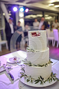 Wedding cake with white cream and fruit filling