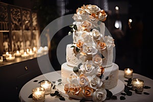 a wedding cake with white and orange flowers on a table with lit candles in the dark room of a wedding venue with candles in the