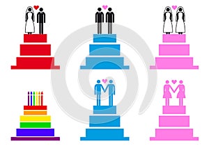 Wedding cakes with couples, vector set