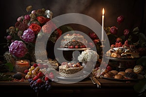 wedding cakes on the table, baroque, gourmet photography with flowers