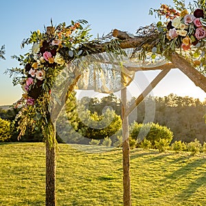 Wedding canopy with translucent cloth and flowers