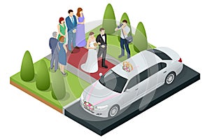 Wedding car decoration. Isometric limousine in a wedding day. The bride and groom near the wedding limousine.