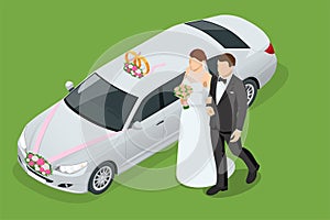 Wedding car decoration. Isometric limousine in a wedding day. The bride and groom near the wedding limousine.