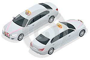 Wedding car decoration. Isometric limousine on the wedding day