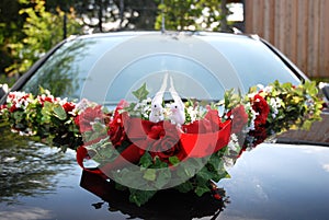 Wedding Car Decoration Of Two White Doves photo