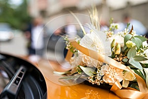 Wedding car.Wedding decoration on wedding car. Luxury wedding car decorated with flowers