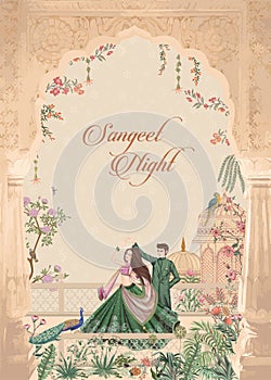 Mughal Wedding Invitation Card. Sangeet night invitation card design for printing vector illustration.