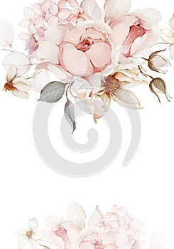 Wedding card with blooming watercolor roses on a white background