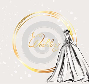 Wedding card bride silhouette Vector line art. Golden frame. Beautiful long dress . Template for design cards