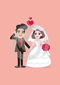 Wedding card with cartoon groom and bride Illustration