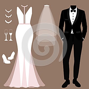 Wedding card with the clothes of the bride and groom. Wedding set.