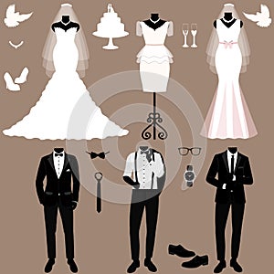 Wedding card with the clothes of the bride and groom. Wedding set.