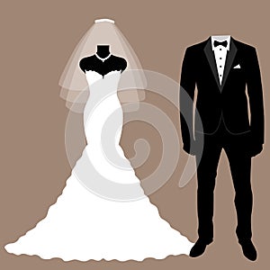 Wedding card with the clothes of the bride and groom. Wedding se