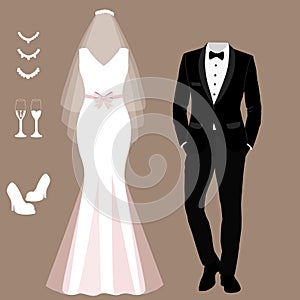 Wedding card with the clothes of the bride and groom. Wedding set.