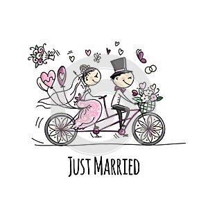 Wedding card design. Bride and groom riding on bicycle