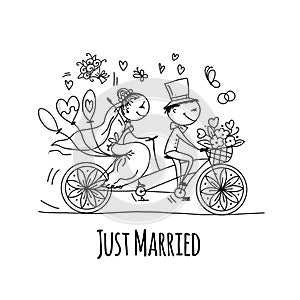 Wedding card design. Bride and groom riding on bicycle