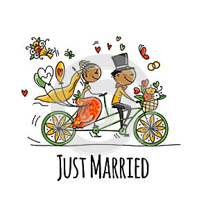 Wedding card design. Bride and groom riding on bicycle