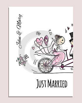 Wedding card design. Bride and groom riding on bicycle