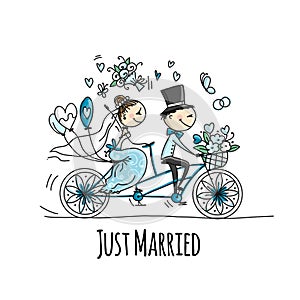 Wedding card design. Bride and groom riding on bicycle