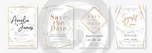 Wedding card design with golden frames and marble texture. Set of wedding announcement or invitation