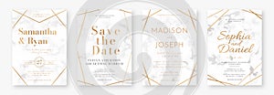 Wedding card design with golden frames and marble texture. Set of wedding announcement or invitation