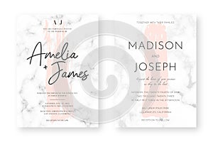 Wedding card design with golden frames and marble texture. Wedding announcement or invitation