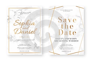 Wedding card design with golden frames and marble texture. Wedding announcement or invitation design template