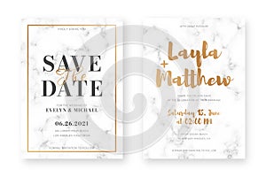 Wedding card design with golden frames and marble texture. Wedding announcement or invitation design template