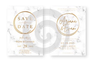 Wedding card design with golden frames and marble texture. Wedding announcement or invitation design template