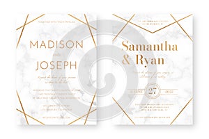 Wedding card design with golden frames and marble texture. Wedding announcement or invitation design template