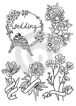 Wedding card flower hand drawing black and white