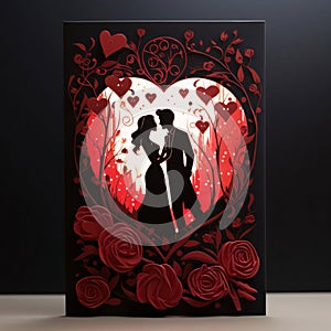 Wedding card. Heart with a silhouette of a couple in love hearts red roses. Valentine\'s Day as a day symbol of affection and