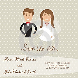 Wedding card with newly wed couple. Save the date card with bride and groom photo