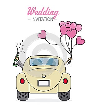 Wedding card. Newlyweds go by car