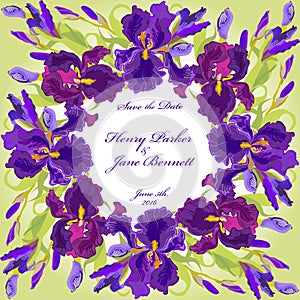 Wedding card with purple iris flower wreath background. Vector illustration