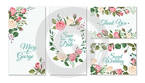 Wedding card with roses. Weddings floral invitation cards with red and pink roses and green leaves. Vector party flyers photo