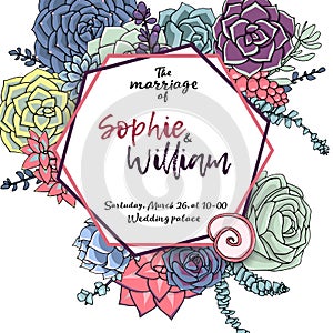 Wedding card template. Beautiful succulents pattern with colored frame and white background. Birthday, wedding, valentineâ€™s day