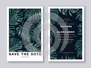 Wedding card template, save the date template, poster, banner, postcard for loved ones with realistic vector tropical leaves of mo