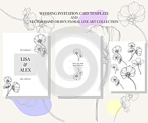 Wedding card template and vector line art botanicals