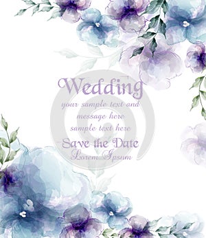 Wedding card with watercolor blue flowers Vector illustrations