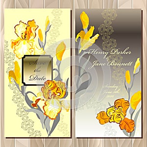 Wedding card with yellow iris flower bouquet background.